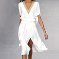 Brooklyn Robe Midi Femme – Robe Élégante à Col V avec Bordure Contrastée & Coupe Fluide