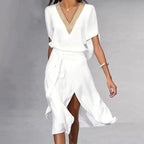 Brooklyn Robe Midi Femme – Robe Élégante à Col V avec Bordure Contrastée & Coupe Fluide