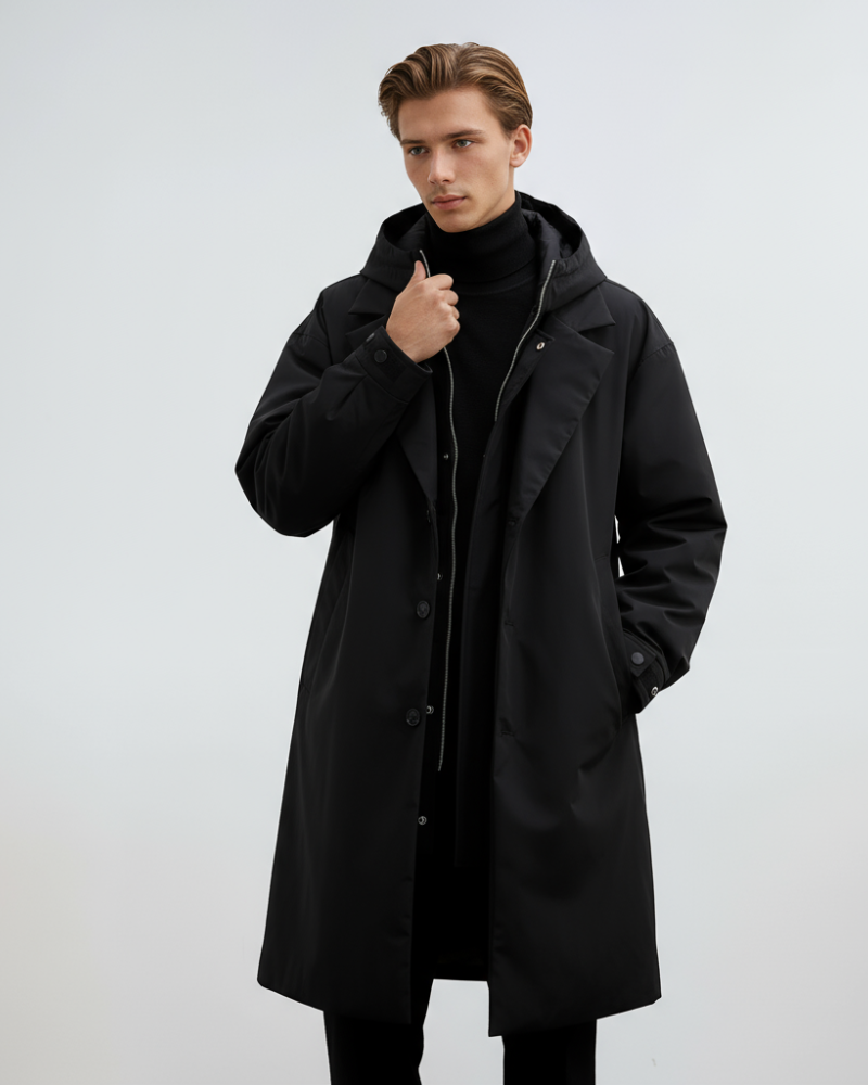 Hudson Trench-Coat Homme à Capuche – Manteau Long Élégant avec Fermeture Zip et Boutons
