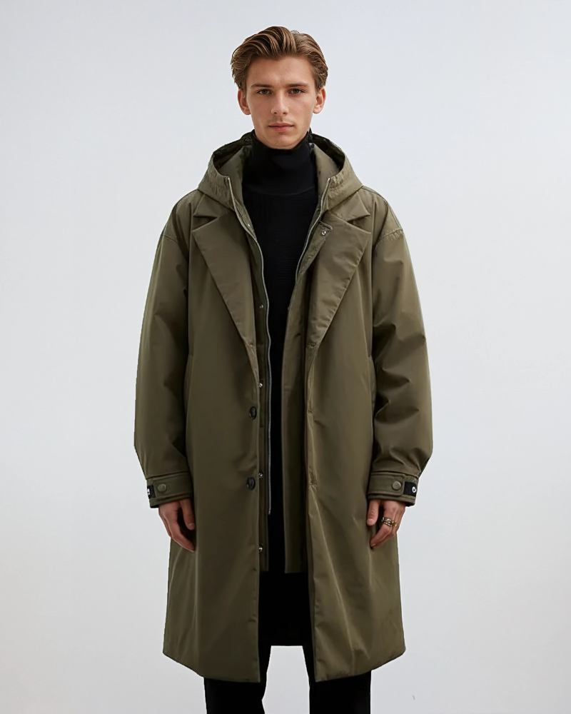 Hudson Trench-Coat Homme à Capuche – Manteau Long Élégant avec Fermeture Zip et Boutons