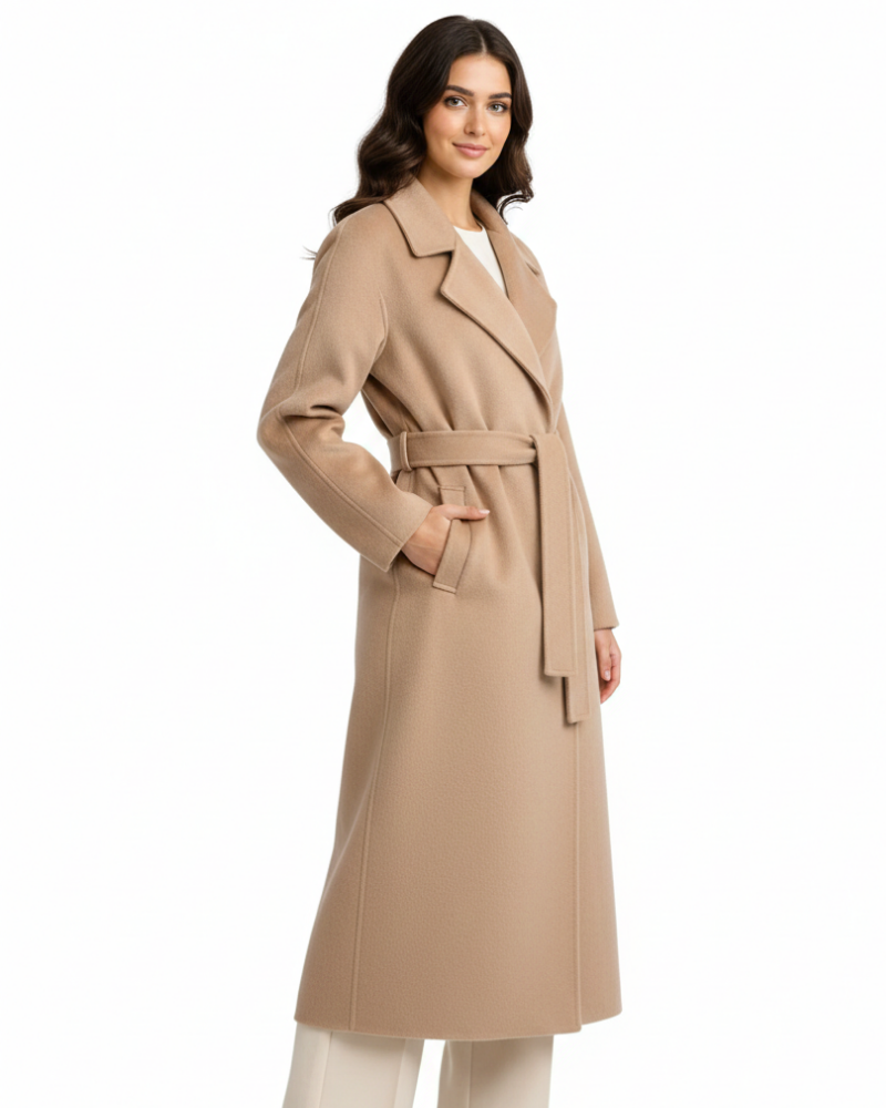 Dakota Manteau Long Femme – Manteau Ceinturé en Laine Mélangée avec Col Revers Élégant