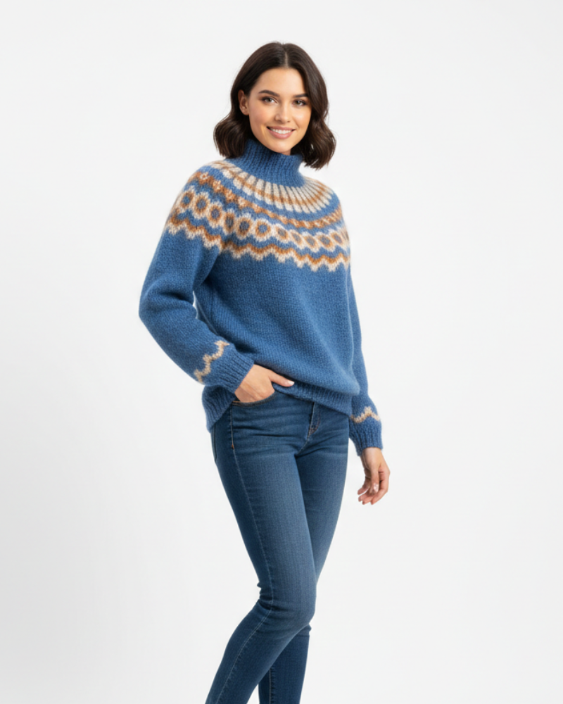 Morgan Pull Femme Nordique – Tricot Doux à Col Montant avec Motif Islandais & Coupe Confortable