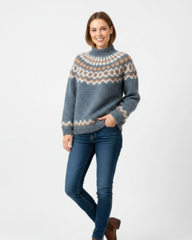 Morgan Pull Femme Nordique – Tricot Doux à Col Montant avec Motif Islandais & Coupe Confortable