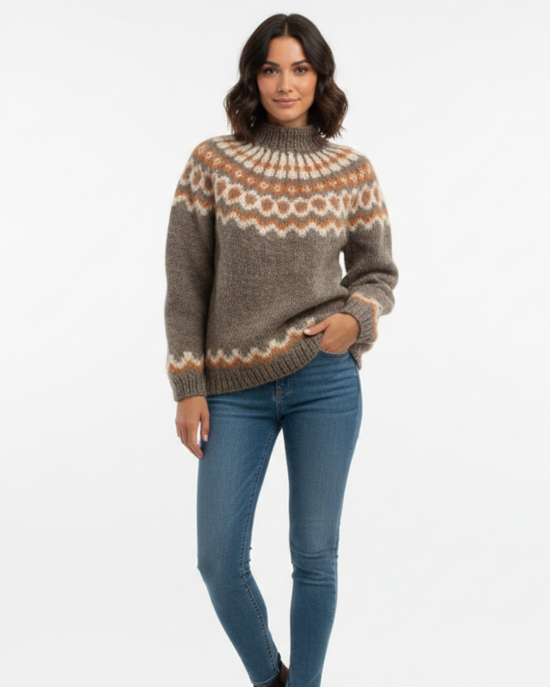 Morgan Pull Femme Nordique – Tricot Doux à Col Montant avec Motif Islandais & Coupe Confortable