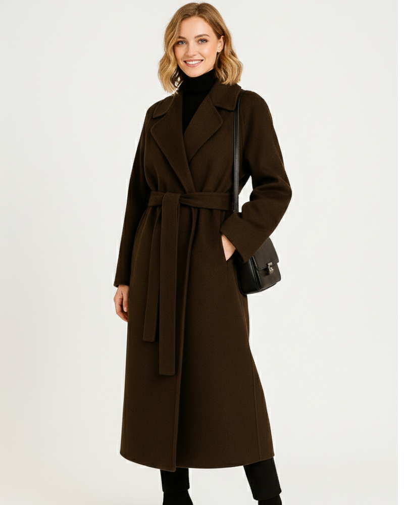 Dakota Manteau Long Femme – Manteau Ceinturé en Laine Mélangée avec Col Revers Élégant