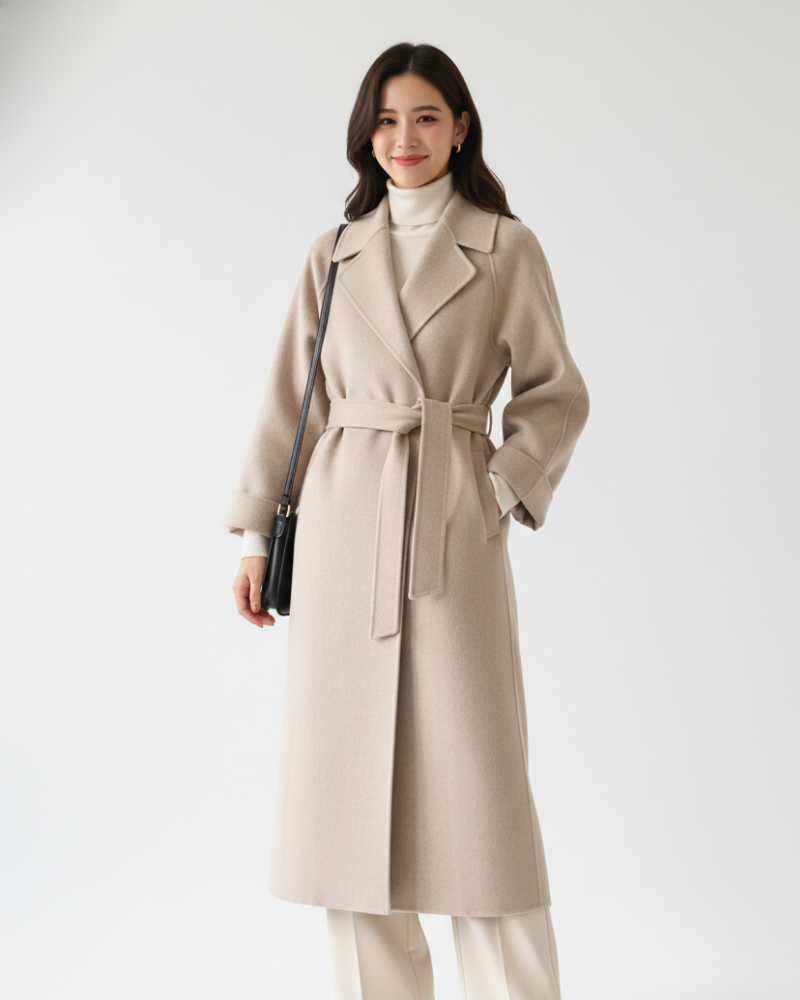 Dakota Manteau Long Femme – Manteau Ceinturé en Laine Mélangée avec Col Revers Élégant