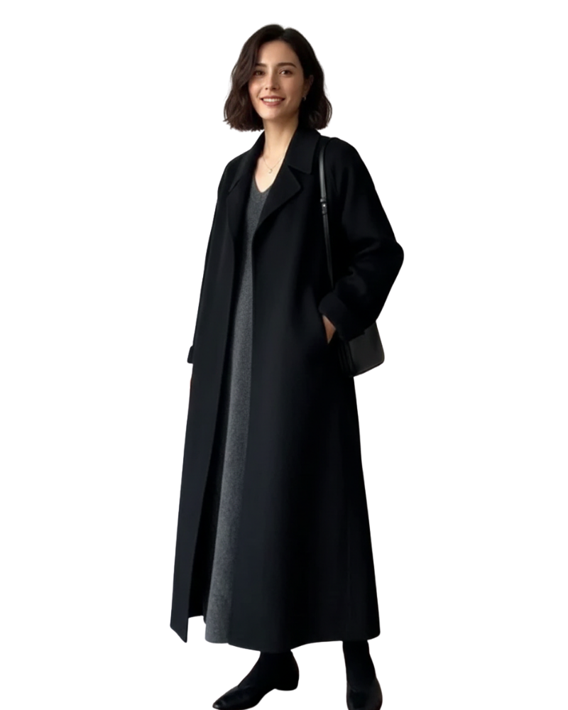 Dakota Manteau Long Femme – Manteau Ceinturé en Laine Mélangée avec Col Revers Élégant