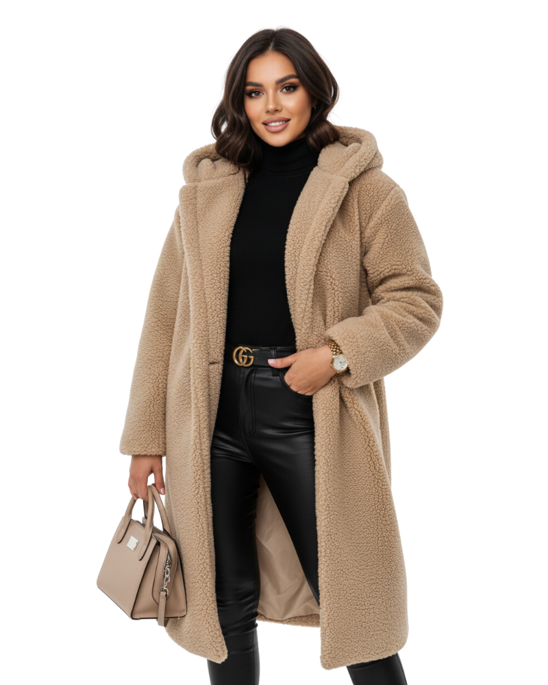 Delaney Manteau Teddy Femme – Manteau Long Oversize à Capuche avec Texture Douce