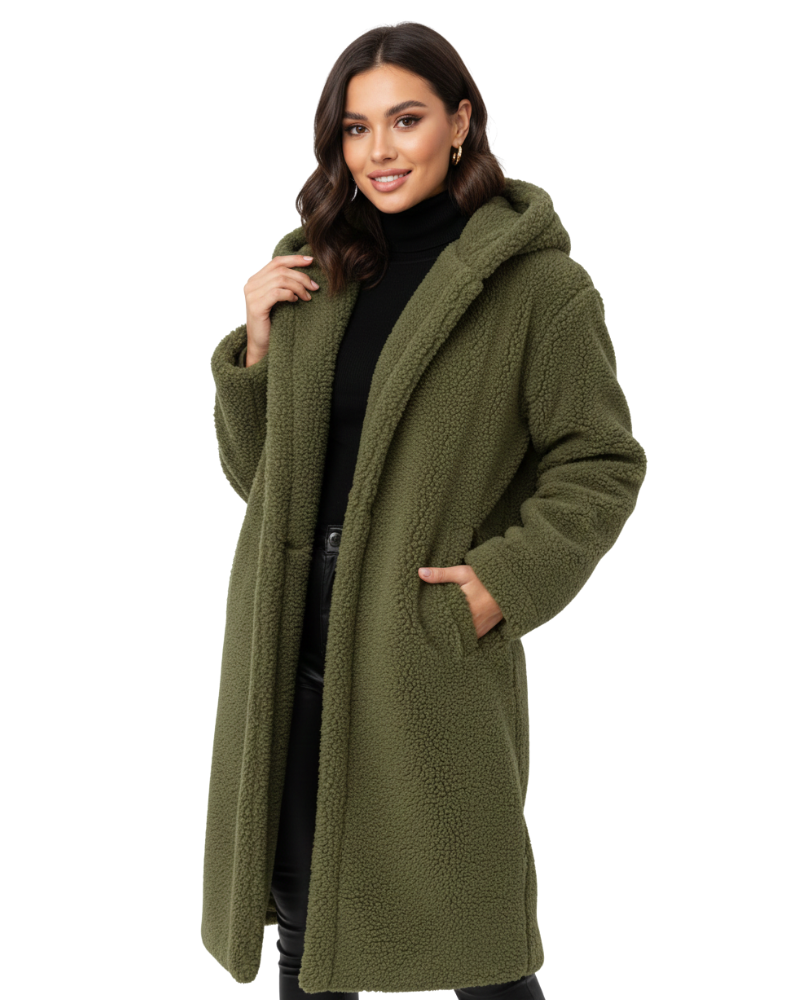 Delaney Manteau Teddy Femme – Manteau Long Oversize à Capuche avec Texture Douce