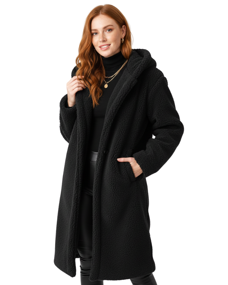 Delaney Manteau Teddy Femme – Manteau Long Oversize à Capuche avec Texture Douce