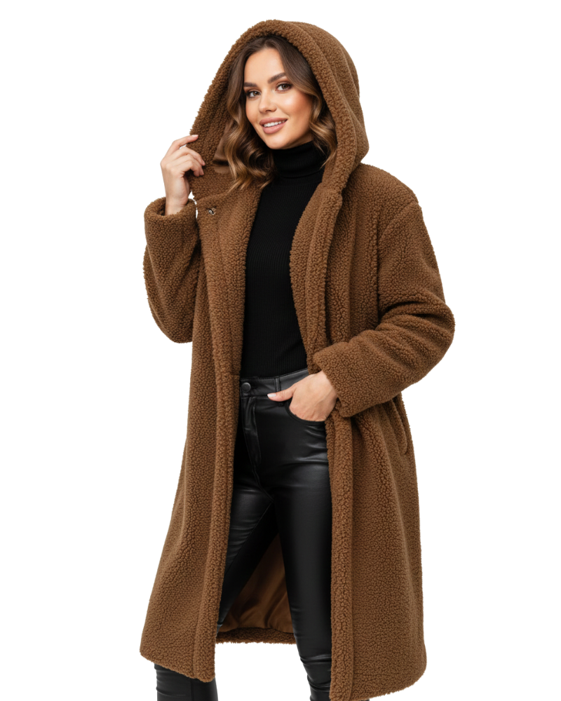 Delaney Manteau Teddy Femme – Manteau Long Oversize à Capuche avec Texture Douce