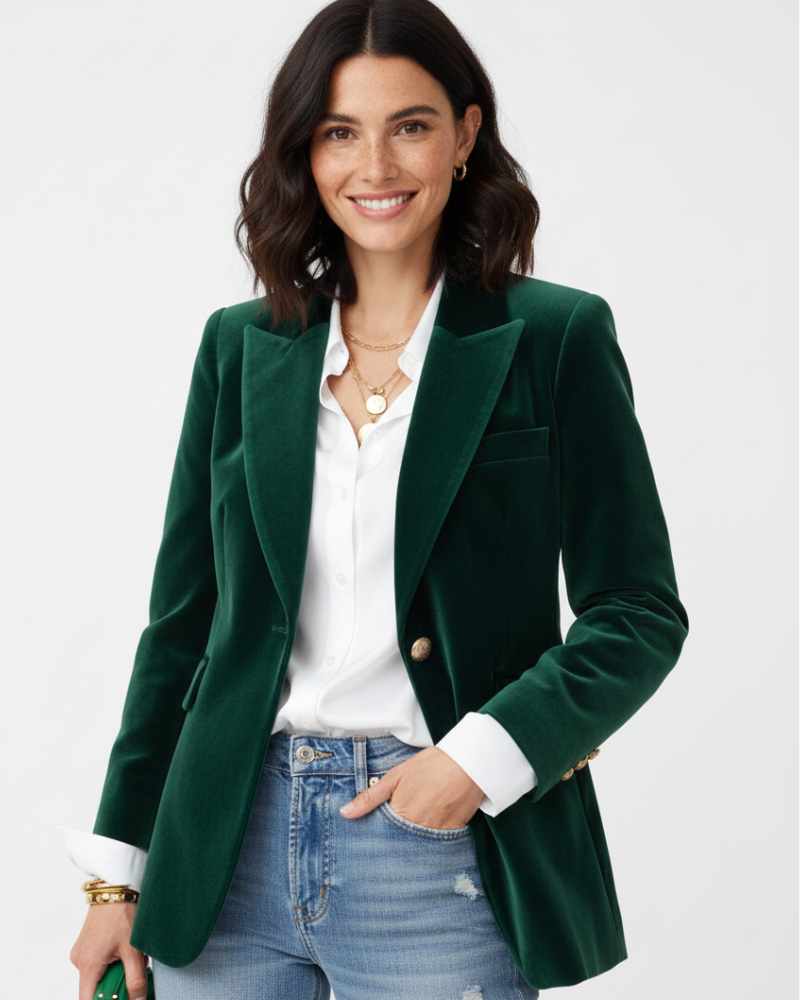 Avery Blazer Velours Femme – Veste Élégante à Boutons Dorés et Coupe Raffinée