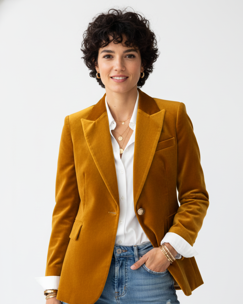 Avery Blazer Velours Femme – Veste Élégante à Boutons Dorés et Coupe Raffinée