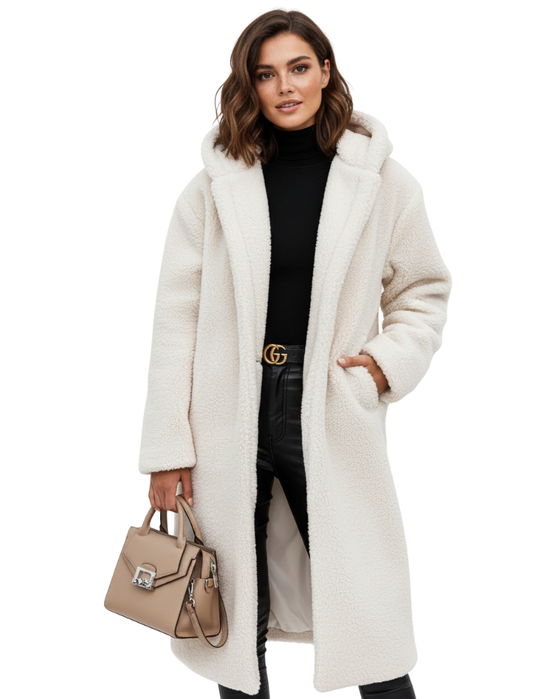 Delaney Manteau Teddy Femme – Manteau Long Oversize à Capuche avec Texture Douce