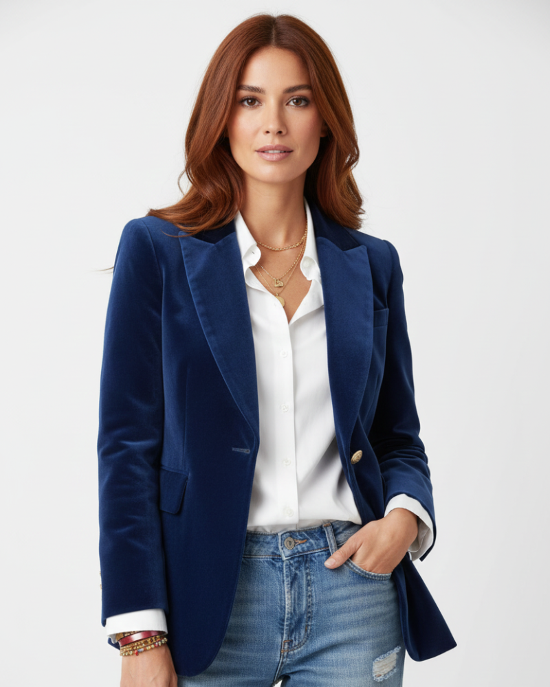 Avery Blazer Velours Femme – Veste Élégante à Boutons Dorés et Coupe Raffinée