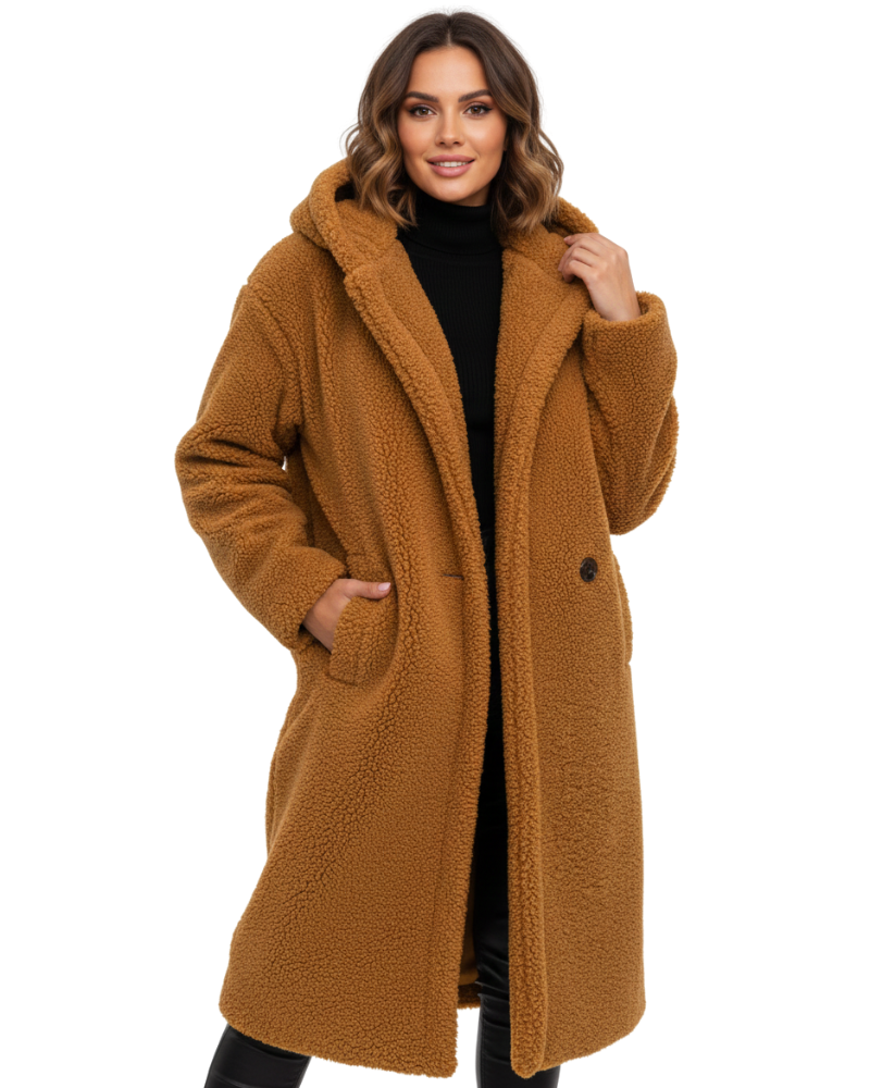 Delaney Manteau Teddy Femme – Manteau Long Oversize à Capuche avec Texture Douce