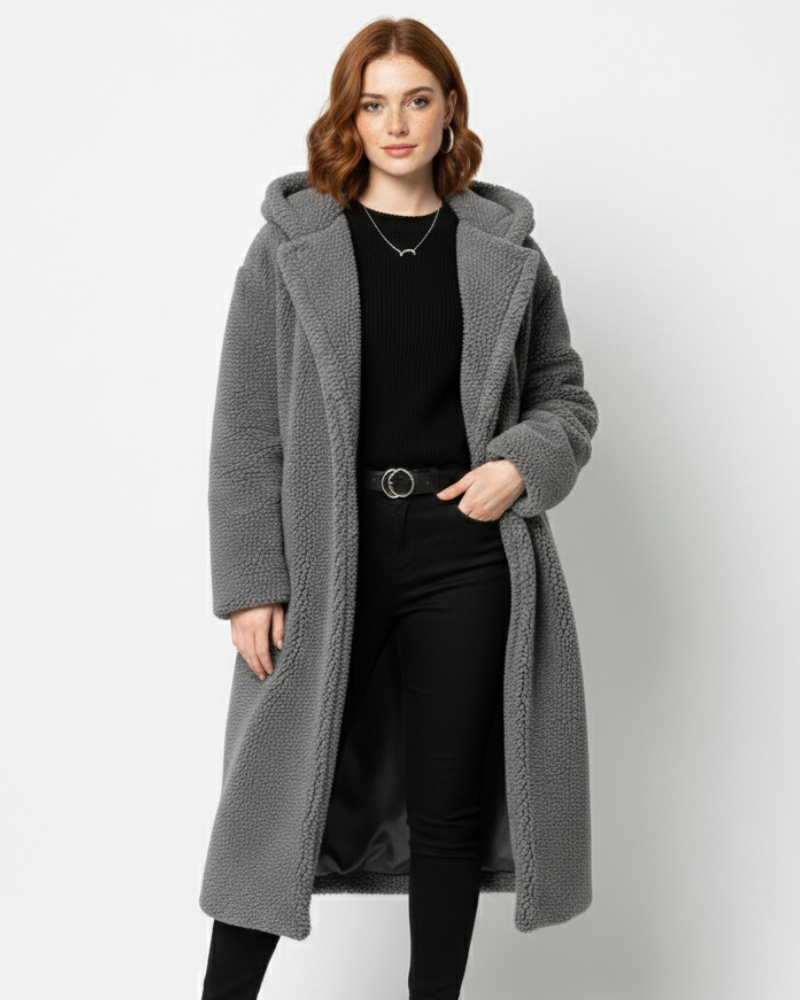 Delaney Manteau Teddy Femme – Manteau Long Oversize à Capuche avec Texture Douce