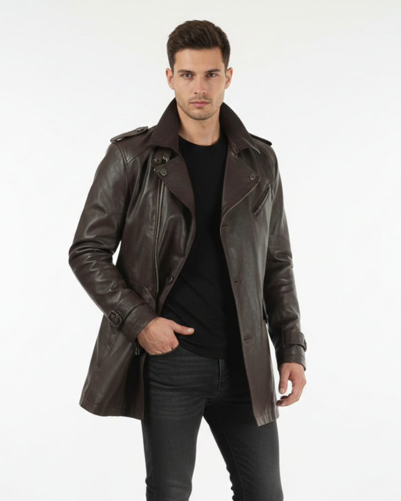 Tomasz Manteau Long Homme en Cuir – Coupe Élégante, Col Structuré & Style Intemporel