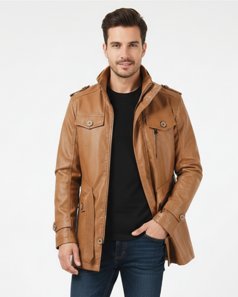 Tomasz Manteau Long Homme en Cuir – Coupe Élégante, Col Structuré & Style Intemporel
