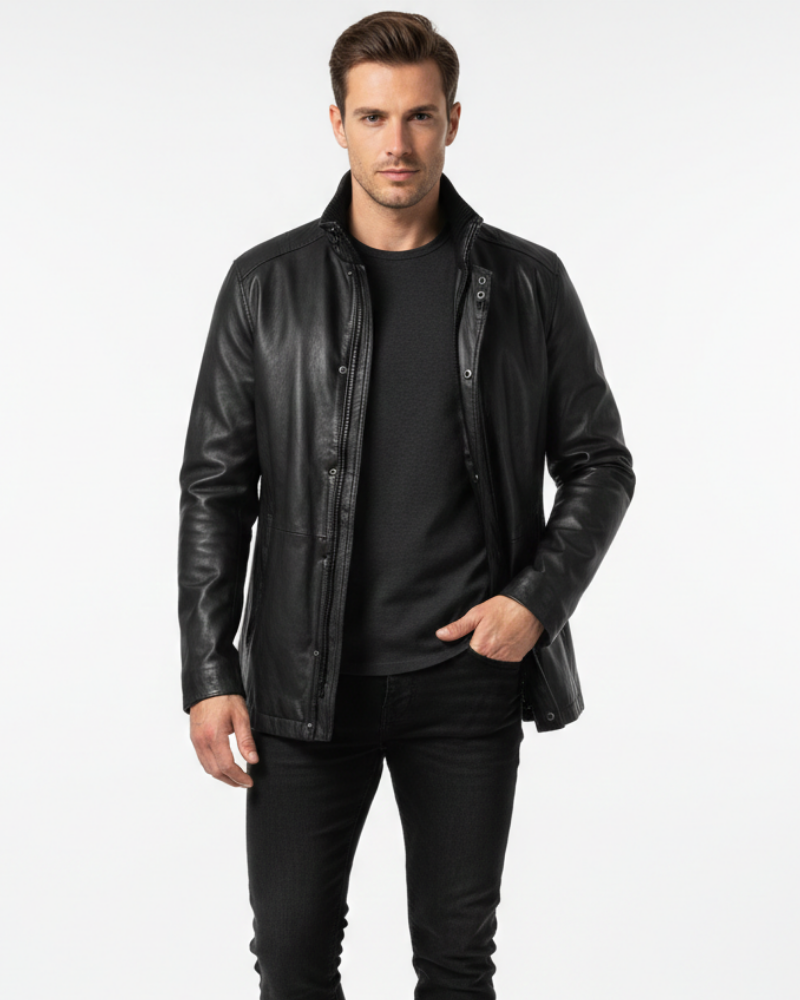 Tomasz Manteau Long Homme en Cuir – Coupe Élégante, Col Structuré & Style Intemporel