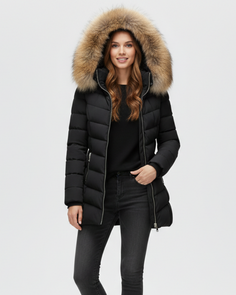 Mila Doudoune Femme – Veste Matelassée à Capuche avec Col Effet Fourrure