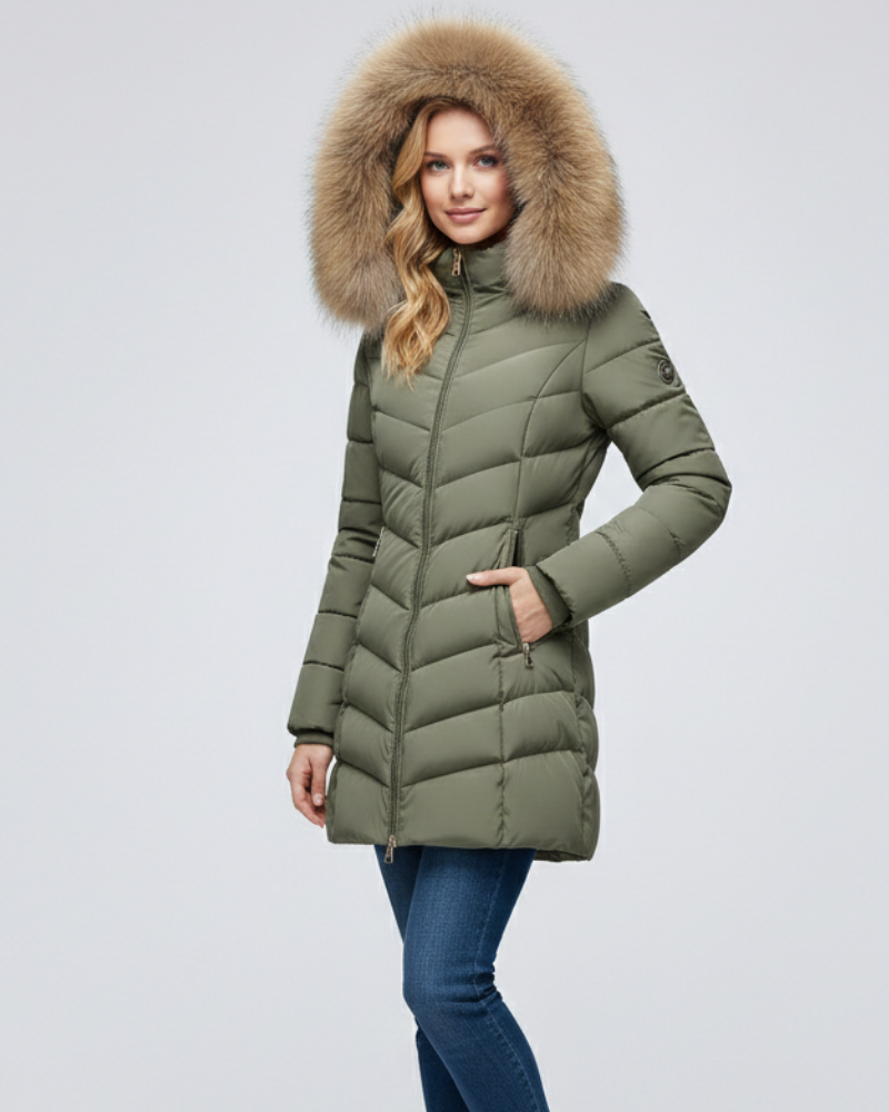 Mila Doudoune Femme – Veste Matelassée à Capuche avec Col Effet Fourrure