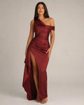 Lysiane Abito maxi da sera in raso bordeaux monospalla con spacco alto elegante