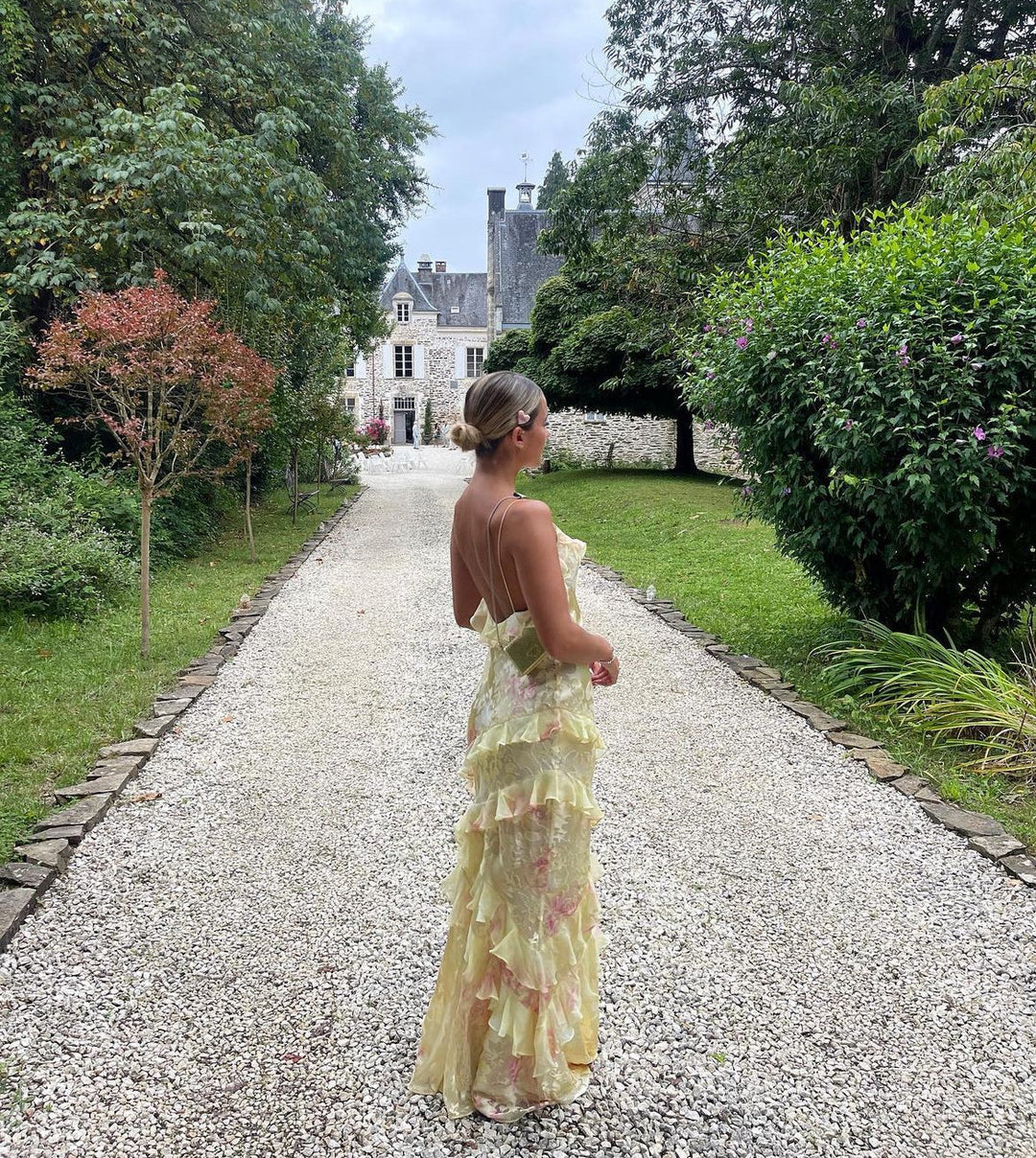 Angelique Robe Longue Femme – Robe Maxi Romantique à Volants avec Dos Élégant & Coupe Fluide