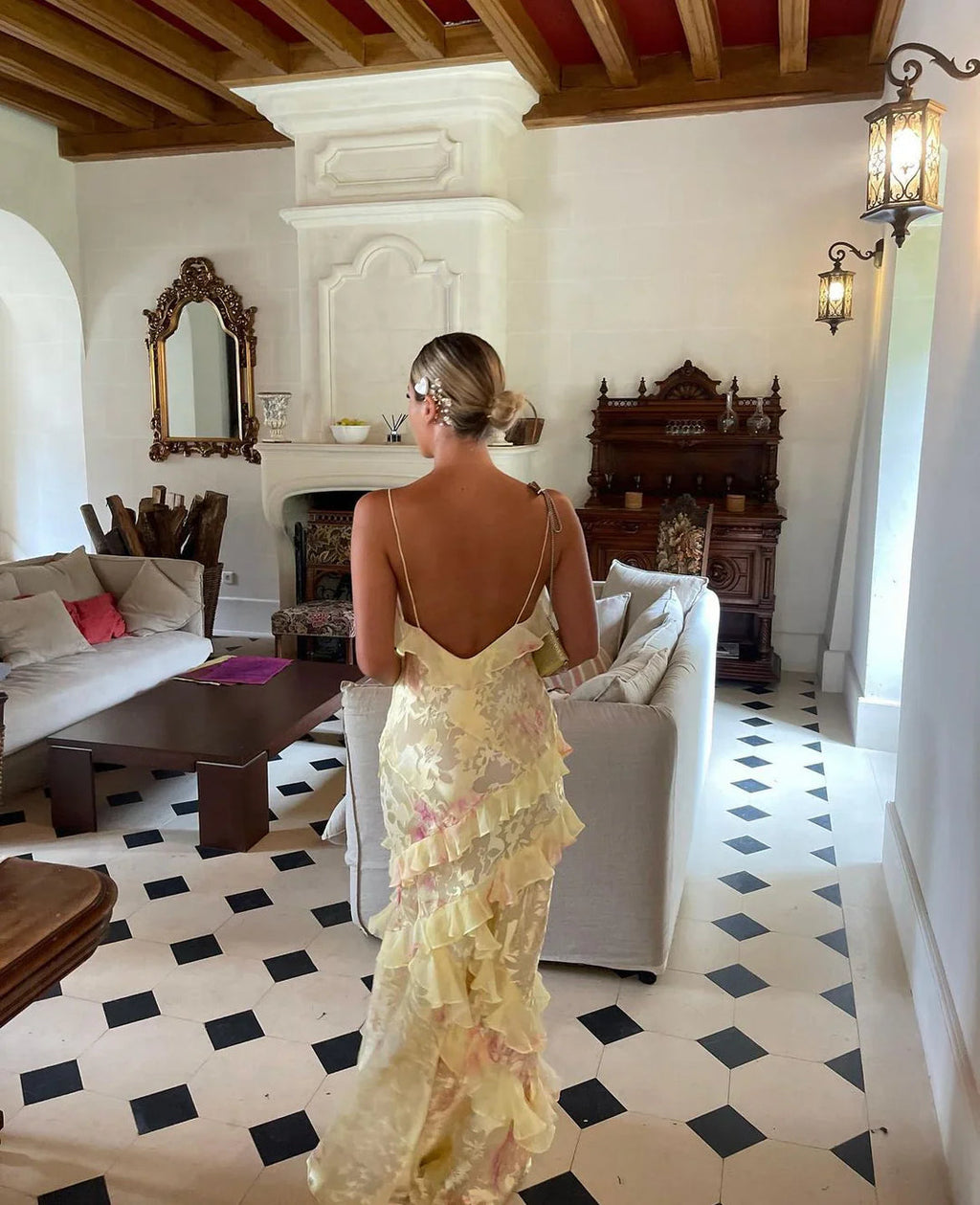 Angelique Robe Longue Femme – Robe Maxi Romantique à Volants avec Dos Élégant & Coupe Fluide
