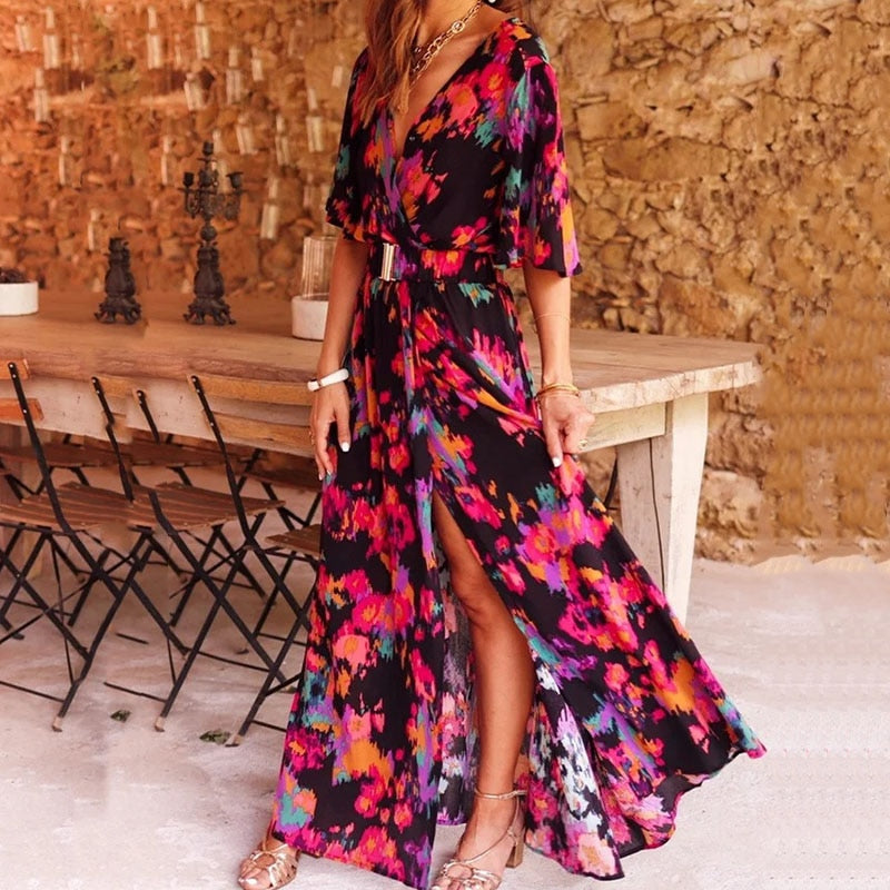 Ruby Robe Longue Femme – Robe Portefeuille Légère avec Coupe Flatteuse