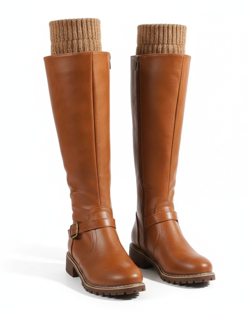 Grace Bottes Femme – Bottes en Cuir à Boucle avec Tige Haute et Talon Stable