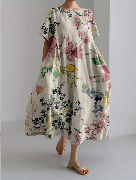Vestido Midi Finley Mujer – Vestido Amplio con Estampado Floral, Cuello Redondo y Estilo Artístico