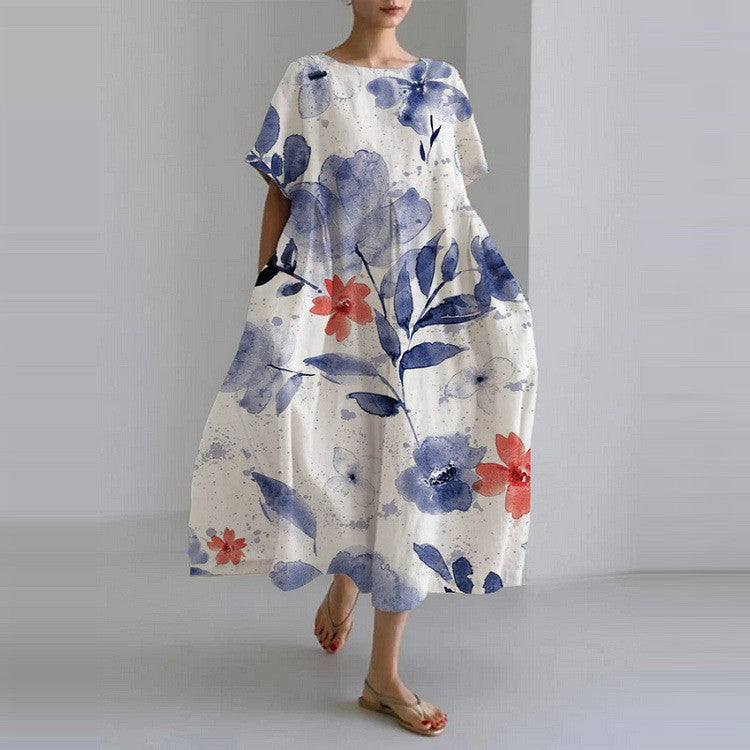 Vestido Midi Finley Mujer – Vestido Amplio con Estampado Floral, Cuello Redondo y Estilo Artístico