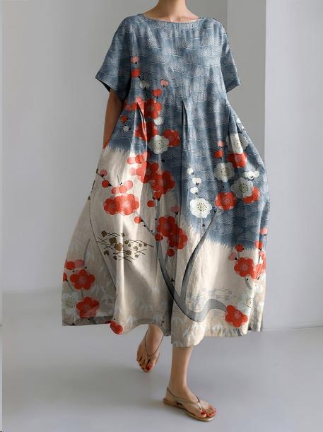 Vestido Midi Finley Mujer – Vestido Amplio con Estampado Floral, Cuello Redondo y Estilo Artístico