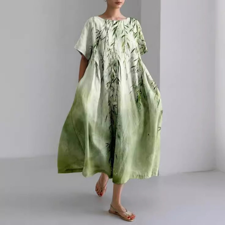 Vestido Midi Finley Mujer – Vestido Amplio con Estampado Floral, Cuello Redondo y Estilo Artístico