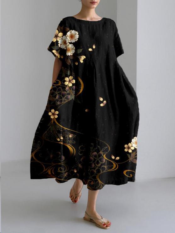 Vestido Midi Finley Mujer – Vestido Amplio con Estampado Floral, Cuello Redondo y Estilo Artístico