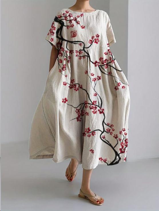 Vestido Midi Finley Mujer – Vestido Amplio con Estampado Floral, Cuello Redondo y Estilo Artístico
