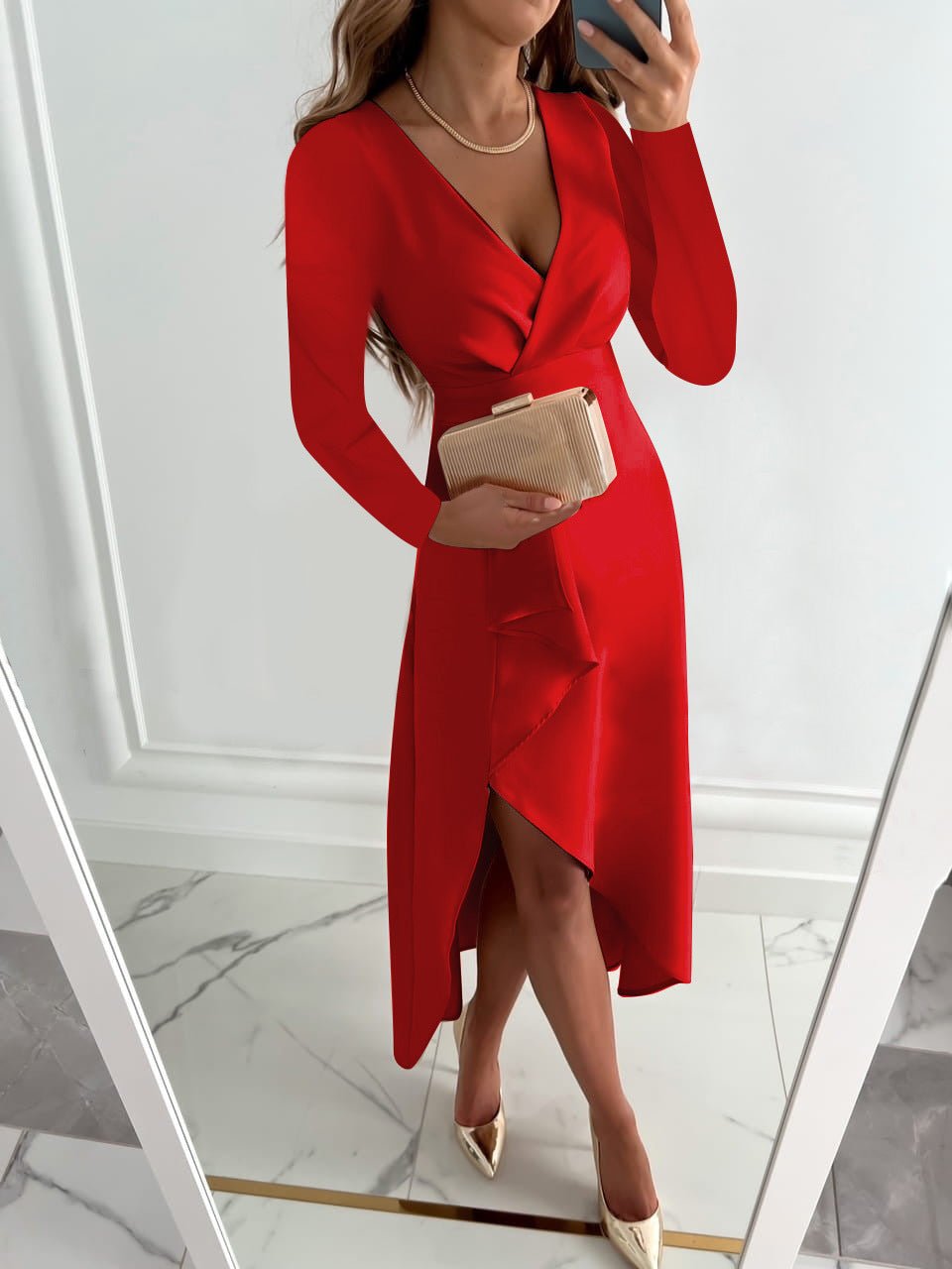 Floriane Robe Femme – Col V Élégant, Manches Longues & Coupe Ajustée Chic