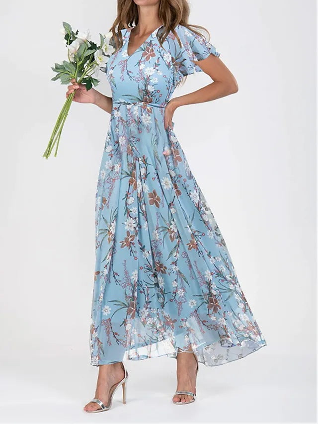 Camille Robe Midi Femme – Robe Fluide à Imprimé Floral, Manches Courtes & Coupe Élégante