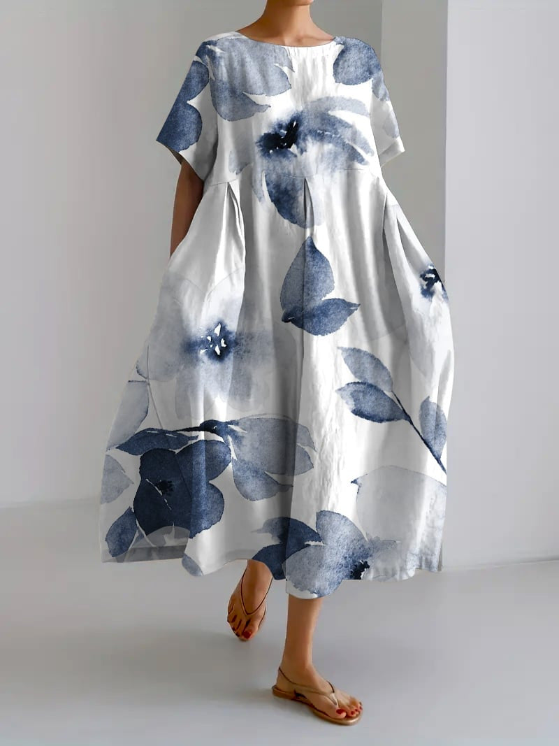 Vestido Midi Finley Mujer – Vestido Amplio con Estampado Floral, Cuello Redondo y Estilo Artístico