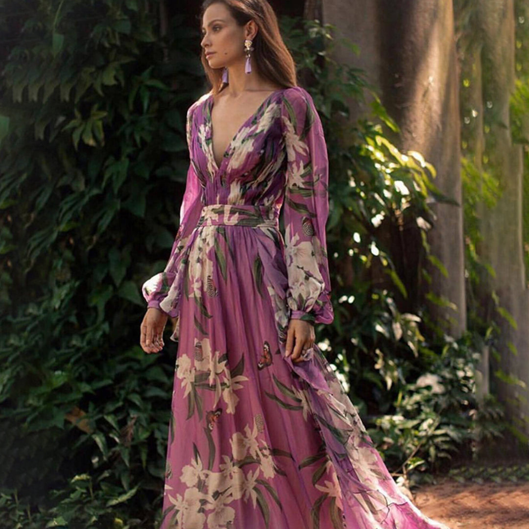 Violette Robe Maxi Femme – Imprimé Floral, Décolleté Élégant & Coupe Fluide