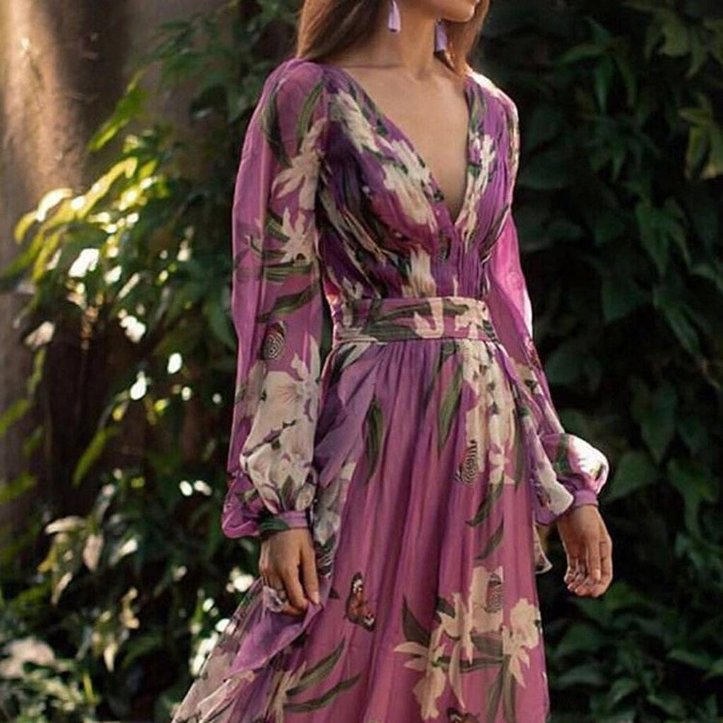 Violette Robe Maxi Femme – Imprimé Floral, Décolleté Élégant & Coupe Fluide