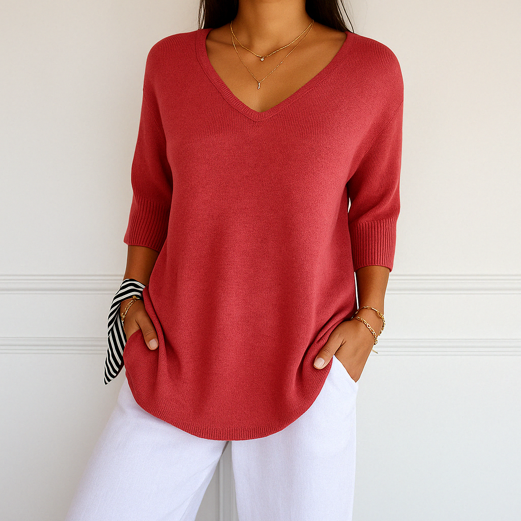 Ingrid Pull Col V Femme – Maille Fine Douce avec Coupe Fluide et Élégante