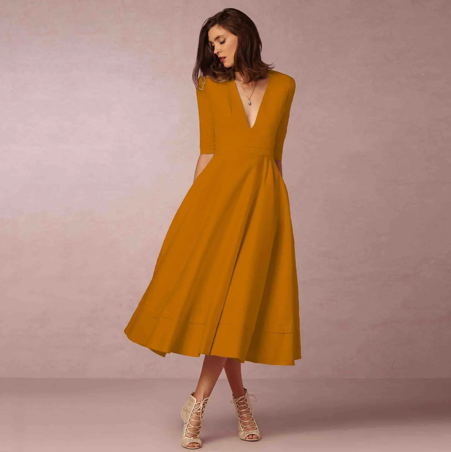Kennedy Robe Midi Femme – Robe Évasée à Col V avec Taille Cintrée et Élégance Intemporelle