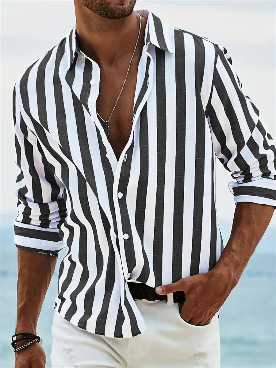 Everett Chemise Homme – Chemise Rayée en Coton et Lin avec Col Classique