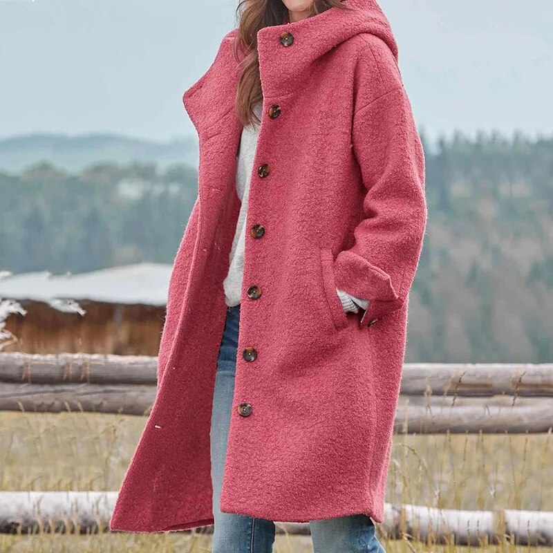 Jessica Manteau Femme – Manteau Long à Capuche avec Fermeture Boutonnée & Style Décontracté