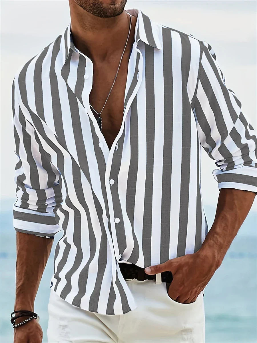 Everett Chemise Homme – Chemise Rayée en Coton et Lin avec Col Classique