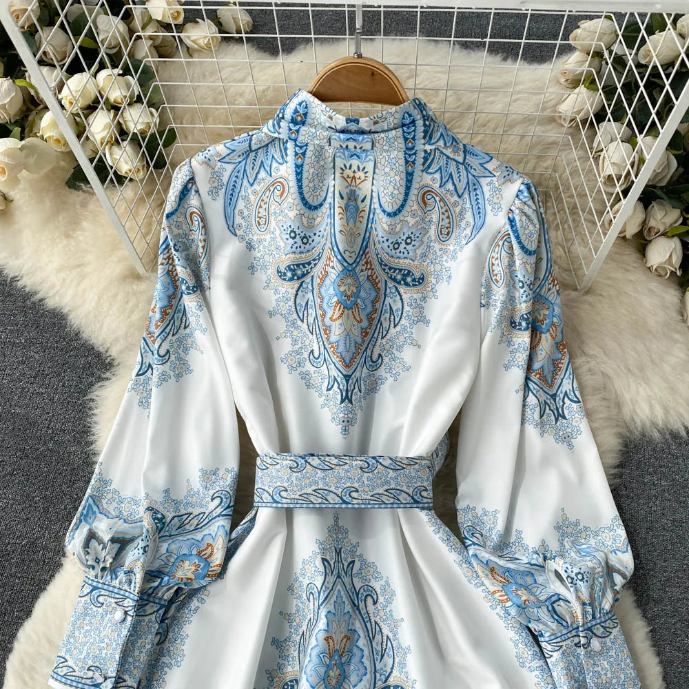 Victoria Robe Maxi Femme Imprimé Cachemire avec Ceinture et Col Élégant Chic