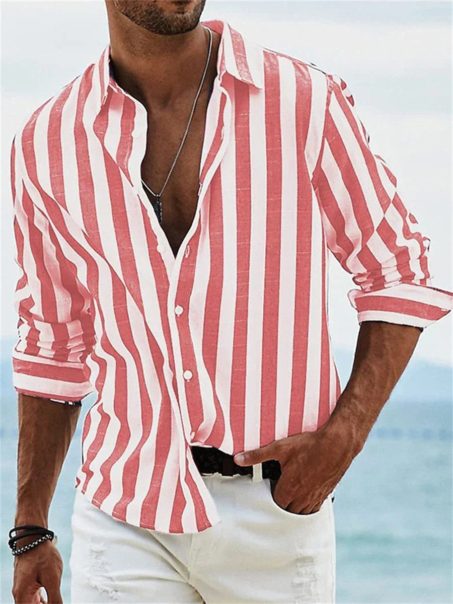 Everett Chemise Homme – Chemise Rayée en Coton et Lin avec Col Classique