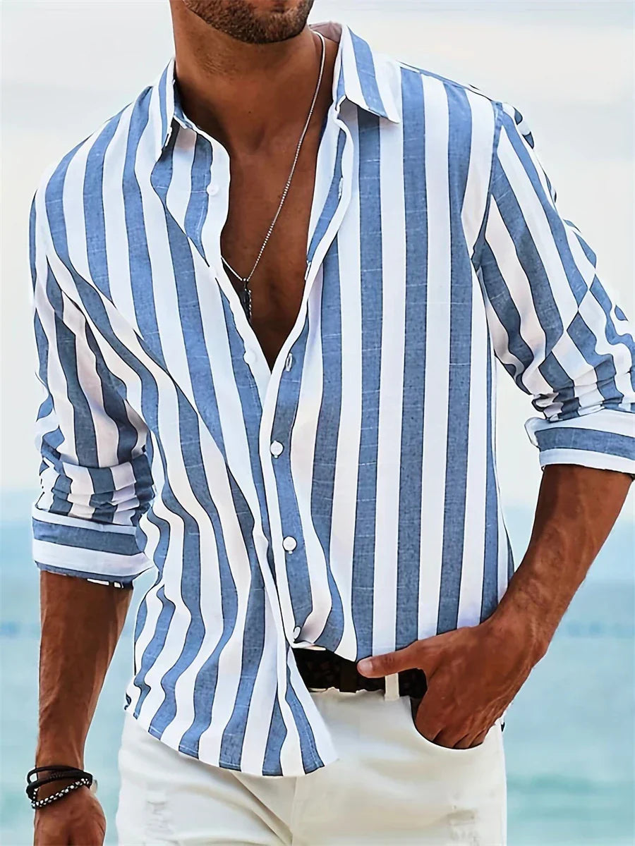 Everett Chemise Homme – Chemise Rayée en Coton et Lin avec Col Classique
